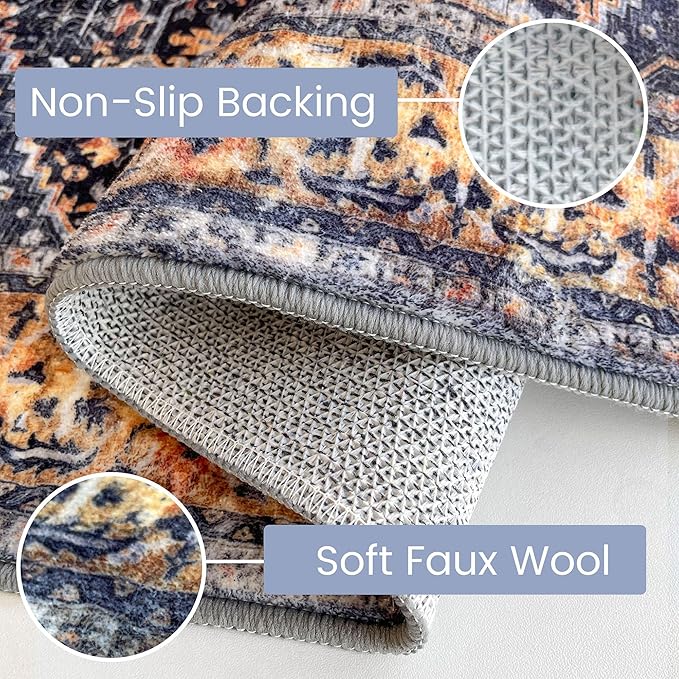KOZYFLY Runners for Hallways 2.6x12 Ft Extra Long Washable Kitchen Boho Runner Rug for Entryway Indoor Gold Navy Printed Faux Wool Stair Runner Floor Carpet Runner for Stair Kitchen Hall