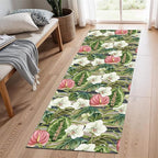 Runner Rug 4x10ft Non-Slip - Tropical Floral Watercolor Boho with Orchids & Leaves - Washable Entryway Carpet for Hallway, Bedroom, Dining Room - Green Pink Design