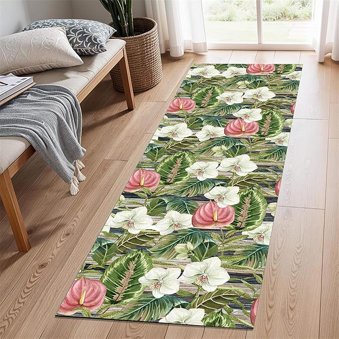 Runner Rug 4x10ft Non-Slip - Tropical Floral Watercolor Boho with Orchids & Leaves - Washable Entryway Carpet for Hallway, Bedroom, Dining Room - Green Pink Design