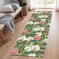 Runner Rug 2x10ft Non-Slip - Tropical Floral Watercolor Boho with Orchids & Leaves - Washable Entryway Carpet for Hallway, Bedroom, Dining Room - Green Pink Design