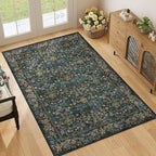 DUKINO 4x6 Rugs for Living Room, Lightweight Non Slip Washable Rug with Low Pile Design, Vintage Floral Non-Shedding Soft Carpet for Living Room, Bedroom, Farmhouse, Office, Bathroom, Blue