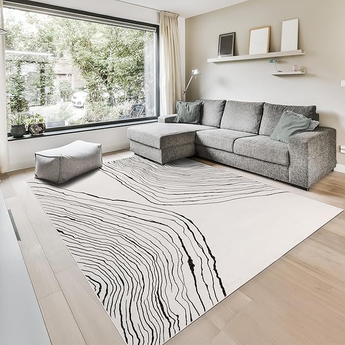 GLN Rugs Contemporary Collection - Machine Washable Area Rug, Contemporary Washable, Non Slip, Low Pile Chenille Rug, Living Room, Bedroom, Kitchen Rug (5' x 7' Beige Black)