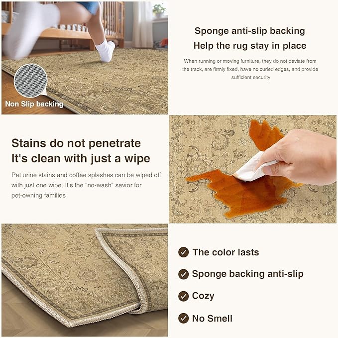 HUGEAR 3x5 Machine Washable Area Rugs Vintage Brown - Neutral Non Slip Stain Resistant Low Pile Aesthetic Throw Carpet Kids & Pet Friendly for Living Room Kitchen Dining Room Laundry