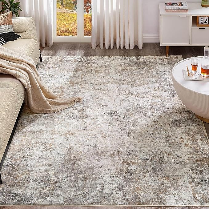 12x18 Area Rug Living Room Rugs - Washable Neutral Modern Abstract Soft Thin Rug Indoor Floor No Slip Rug Carpet for Bedroom Under Dining Table Home Office Decor - Blue/Light Brown