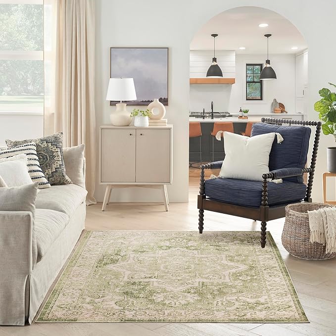 Nourison Home Astra Machine Washable Ivory Green 5'3" x 7' Area Rug - Easy Clean, Non Shedding, Bed Room, Living Room, Dining Room, Kitchen (5' x 7')