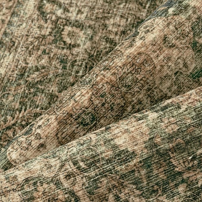 2x8 Washable Vintage Runner Rug Green Brown Hallway Kitchen Carpet Non-Slip Soft Low Pile Distressed Throw Rug for Bedroom Bathroom Laundry Living Room