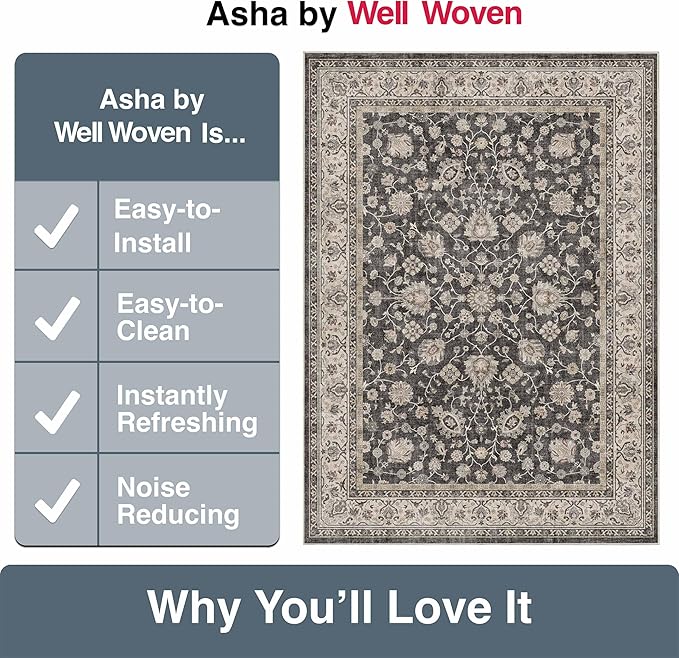 Well Woven Asha Rome Black 7'7" x 9'10" Area Rug - Oriental Floral Pattern, Easy Clean, Floor-Friendly Backing - for Living Room, Bedroom, and Dining Room