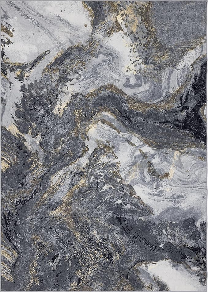 Abstract 9x12 Area Rugs: Modern Washable Rug for Living Room Bedroom Dining Room Indoor - Thin Low Pile Non-Slip Large Carpet - Black Gold