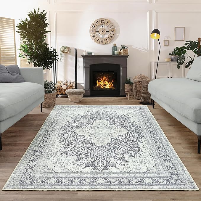Bloom Rugs Washable Non-Slip 3' x 5' Rug - Charcoal Blue Traditional Medallion Area Rug for Living Room, Bedroom, Dining Room, and Kitchen - Exact Size: 3' x 5'