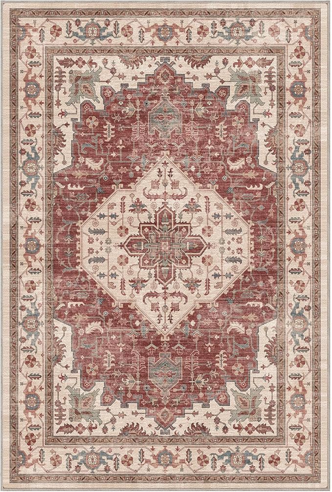 LUMI 8x12 Washable Area Rug for Living Room, Ultra Soft Traditional Vintage Red Rugs Non Slip with Rubber Backing, Low Profile, High Traffic, Stain Resistant Carpets, Ideal for Bedroom, Dining Room