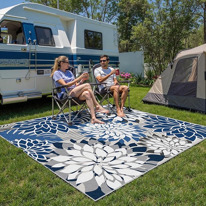 Colorful 9x12 Outdoor Area Rug Washable Multicolored Patio Rug Tropical Botanical Floral Chenille Waterproof Outdoor Carpet Non-Slip for Deck, Backyard, Porch, Blue