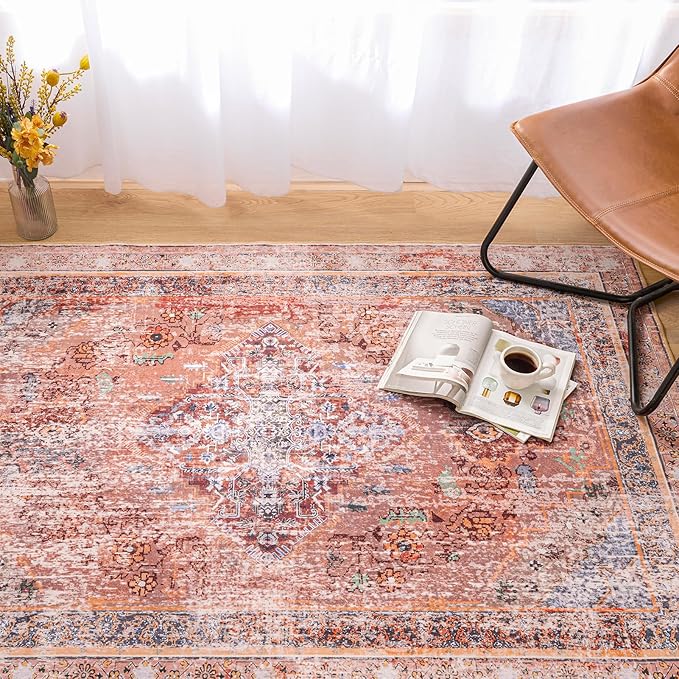 Phantoscope Washable Area Rug 4'x6' Non-Slip, Vintage Neutral Fall Rugs for Living Room, Bedroom, Dining Room, Distressed Boho Medallion Pattern, Low-Pile Foldable Floor Carpet, Rust Orange