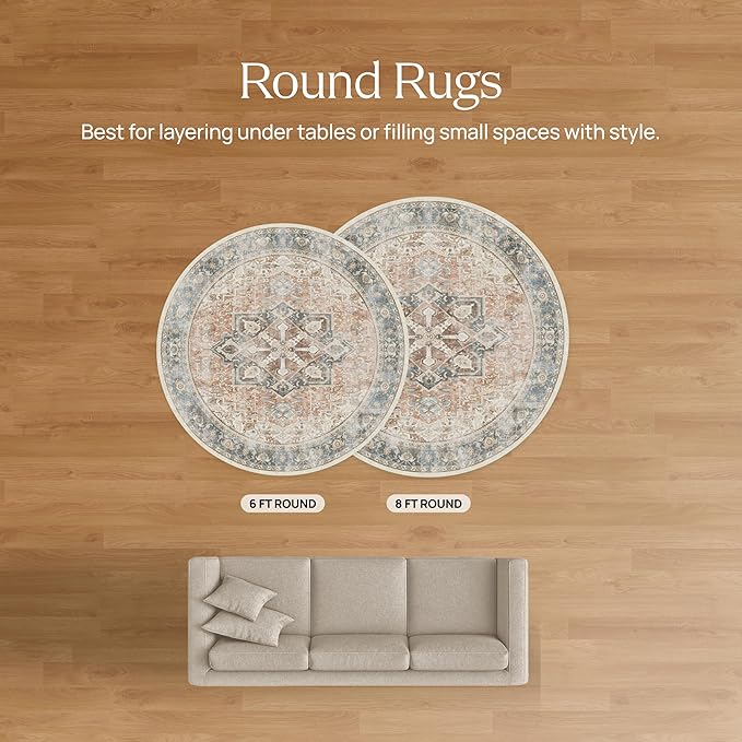 RUGGABLE Washable Vintage Area Rug – Kamran Hazel 6 ft Round, Stain-Resistant, Non-Slip – Medium Machine Washable Rugs for Living Room, Bedroom, Hallway, Entryway & Office–with Cushioned Pad