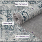 DEXI 9x12 Area Rug for Living Room, Washable Vintage Farmhouse Thin Rug Indoor Floor, Non Slip Stain Resistant Low Pile Carpet for Dining Room Bedroom Office, Blue Grey