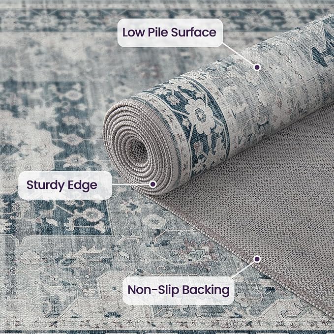 DEXI 9x12 Area Rug for Living Room, Washable Vintage Farmhouse Thin Rug Indoor Floor, Non Slip Stain Resistant Low Pile Carpet for Dining Room Bedroom Office, Blue Grey