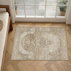 2x3 Washable Vintage Area Rug for Living Room Bedroom Non Slip Distressed Traditional Beige Brown Soft Thin Throw Rug Low Pile Lightweight Floral Doormat Entryway Indoor Kitchen Laundry Room