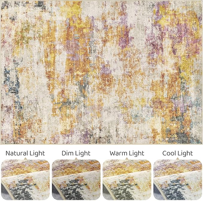 6x9 Area Rugs Living Room: Washable Large Abstract Modern Soft Stain Resistant Indoor Floor Rugs Non Slip Accent Carpet for Bedroom Nursery Playroom Office Dining Room Dorm Home House- Gold Colorful