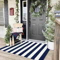 KOZYFLY Striped Outdoor Rug 3x5 Ft Front Door Rug Navy and White Hand Woven Cotton Blue Washable Outdoor Doormats Outdoor Entrance Mat for Front Door Kitchen Entryway Patio Front Porch Decor