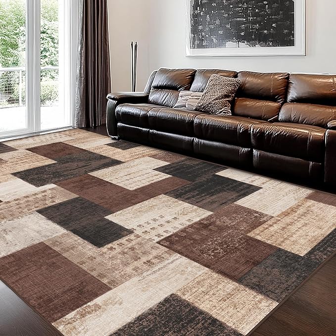 Modern Geometric Patchwork Indoor Area Rug for Living Room, Chocolate 4'x 6' Large Rug Rockwood Collection Hardwood Floors Decor for Bedroom, Brown Throw Carpet for Office Entryway Dining Room