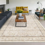 Washable Ivory 6x9 Living Room Rug, Non Slip Dinning Rugs for Under Table, Low Pile Neutral Farmhouse Retro Foldable Carpet for Bedroom, Office