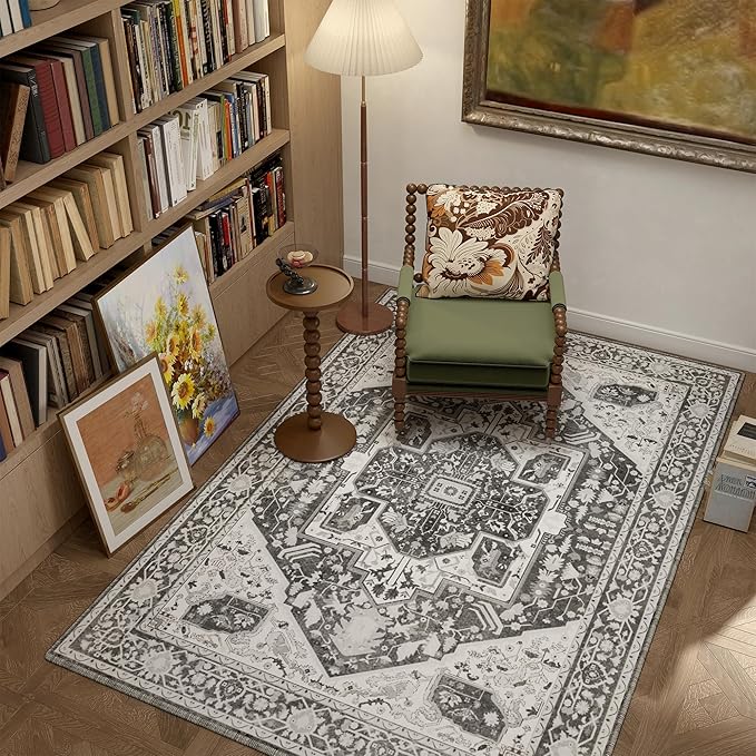 EnHomee 4x6 Washable Area Rugs for Bedroom, Boho Vintage Rugs, Foldable Area Rug for Dining Room, Non-Slip Soft Living Room Rug, Low Pile Large Carpet for Bathroom, Grey
