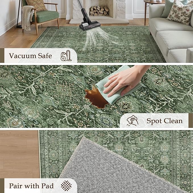 Green Runner Rug 2x8 Hallway Washable Carpet Soft Vintage Indoor Kitchen Non Slip Bedroom Traditional Retro Distressed Thicker Throw Long Rug Bathroom Laundry Entryway Office Dining Room