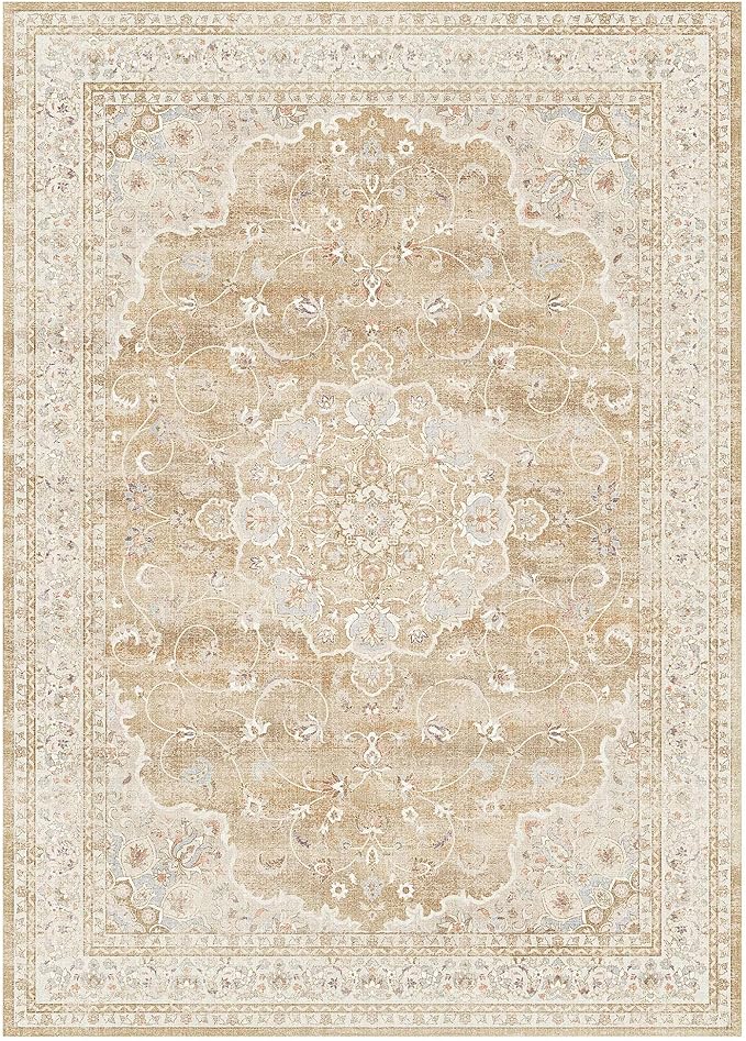 HUGEAR Machine Washable Area Rugs 5x7 Vintage Beige Brown Living Room Bedroom Rug Neutral Style Non Slip Stain Resistant Low Pile Throw Carpet for Home Retro Aesthetic Modern Decor