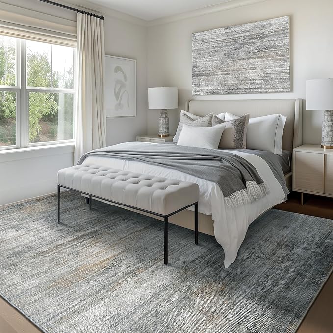 Bavni 10x14 Area Rugs, Modern Living Room Rugs Low Pile, Large Machine Washable Rug Non-Slip, Soft Pet Friendly Rugs for Bedroom, Playroom, Dining Room, Granite Gray