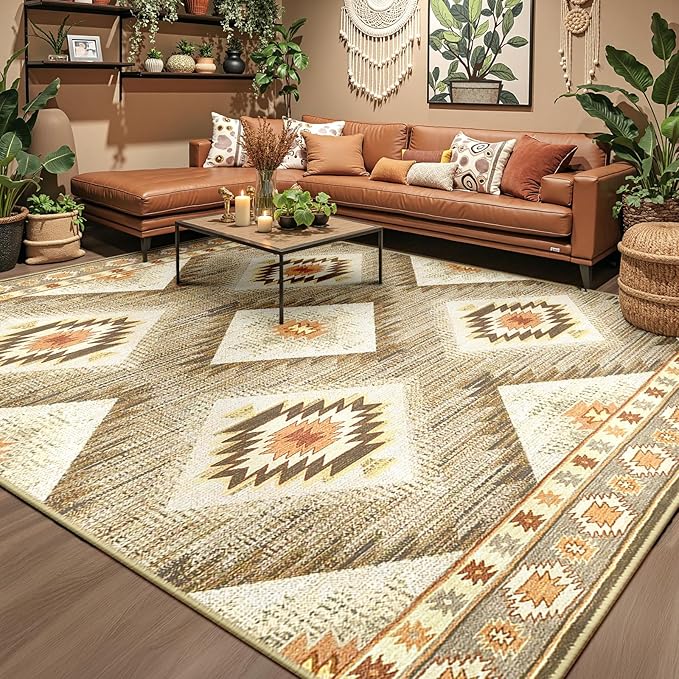 Area Rug 8x8 Rug Machine Washable Non-Slip Low Pile Print Pattern Western Rug for Living Room Bedroom Entryway Tribal Series -Cream/Camel