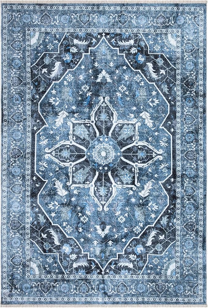 Bloom Rugs Washable Non-Slip 2x3 Rug - Blue/Charcoal Traditional Oriental Area Rug for Living Room, Bedroom, Dining Room, and Kitchen - Exact Size: 2' x 3'