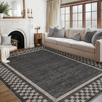GarveeHome Machine Washable 5x7 Area Rugs Modern Bordered Living Room Rug Non Slip Checkered Geometric Bedroom Throw Carpet Soft Boho Rugs for Dining Room Nursery Home Office, Black