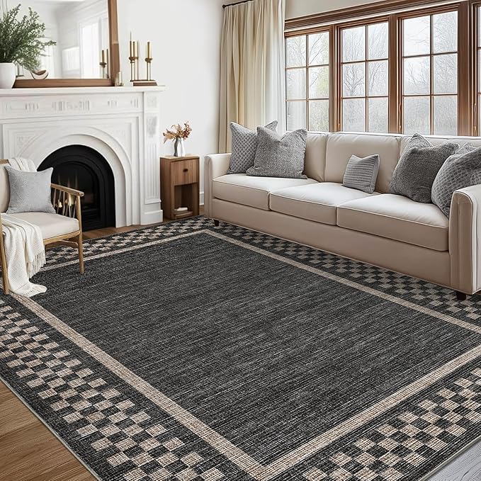 GarveeHome 4x6 Rug Small Washable Living Room Rug Modern Bordered Area Rugs with Rubber Backing Soft Non Slip Low Pile Dining Room Throw Carpet Checkered Geometric Mats for Bedroom Kitchen, Black