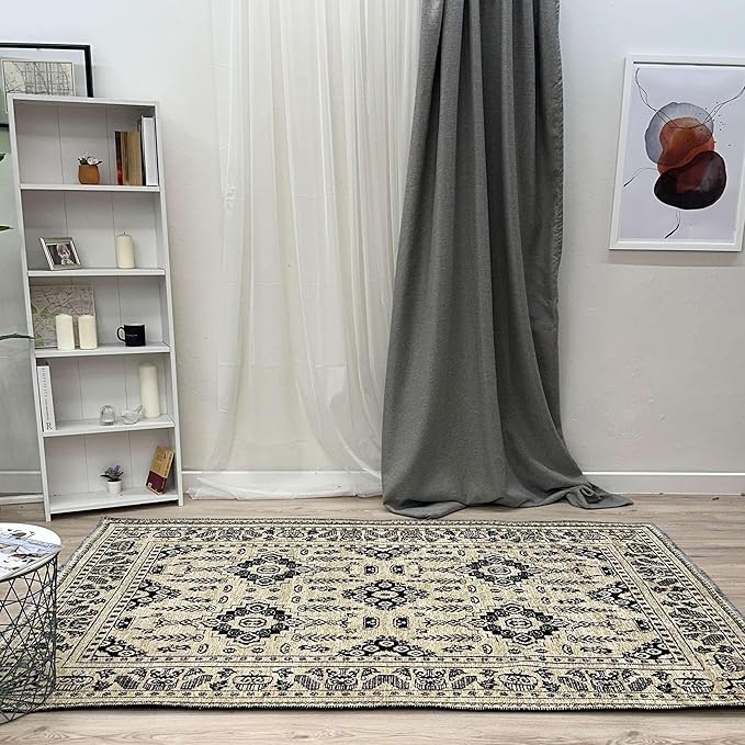 Alfa Rich 3x5 Beige Black Washable Area Rugs for Living Room Bedroom Kitchen Dining Cotton Runner