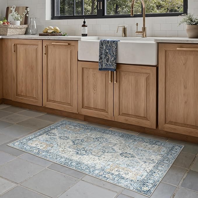 Runner Rug 2'6''x4, Non Slip Vintage Machine Washable Runner Rug, Low Pile Lighrweight Rugs for Entryway, Hallway, Kitchen and Corridor, Blue