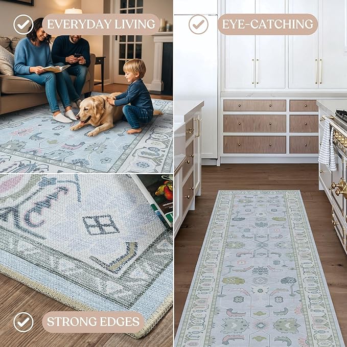 Fame Living Cream Blue Oushak Rug, Modern Small Rugs, Vintage, Turkish, Eclectic, Floral, Pastel, Washable, Door Mat, Doormat for Indoor Entrance, Entryway, Kitchen, Bathroom, Bedroom, Laundry, 2'x3'