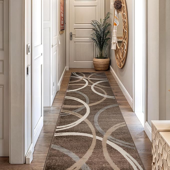 Rugshop Modern Wavy Circles Design Runner Rug, Non-Shedding Carpet for Hallway, Entryway, or Kitchen, Brown, 2'7" x 10'