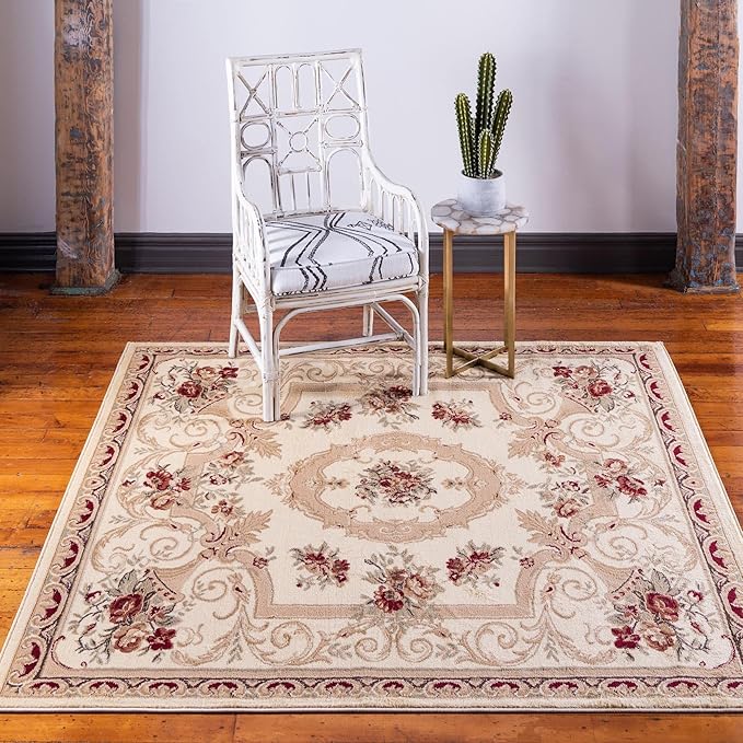 Rugs.com Chateau Collection Rug – 4 Ft Square Cream Medium Rug Perfect for Living Rooms, Kitchens, Entryways
