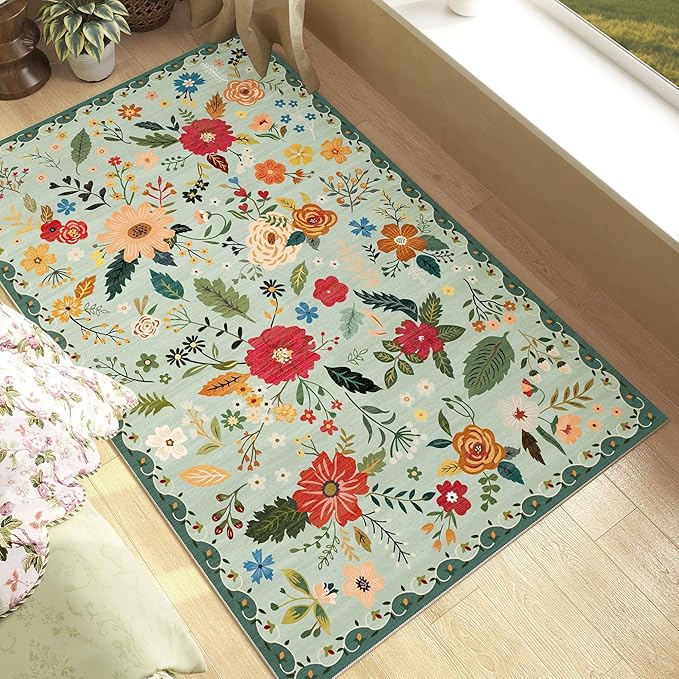 3x5 Area Rug, Floral Green Washable Rug for Entryway, Non Slip Flower Area Rugs, Soft Low Pile Indoor Doormat Small Carpet, Rugs for Living Room Bedroom Nursery Kitchen Dining Room, Sage Green