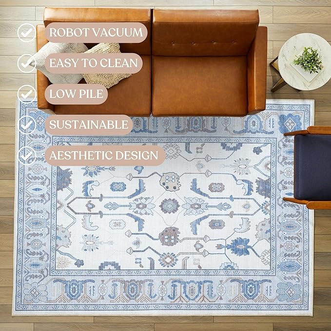 Fame Living Cream Blue Oushak Rug, Modern, Vintage, Turkish, Eclectic, Floral, Pastel, Washable, Oversized, Extra Large Area Rugs for Living Room, Dining, Bedroom, Lounge 9'5"x14'
