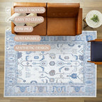 Fame Living Cream Blue Oushak Rug, Modern, Vintage, Turkish, Eclectic, Floral, Pastel, Washable, Large Area Rugs for Living Room, Dining, Bedroom, Girls, Boys, 7'5"x9'8"