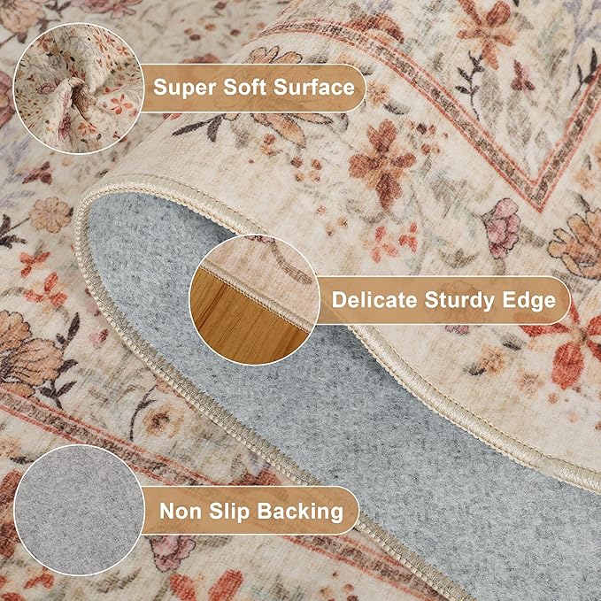 DUKINO 2x6 Runner Rug for Hallway, Washable Vintage Floral Kitchen Rug with Non Slip Backing, Soft Low Pile Throw Carpet Runner for Kitchen, Laundry, Hallway, Bathroom, Beige