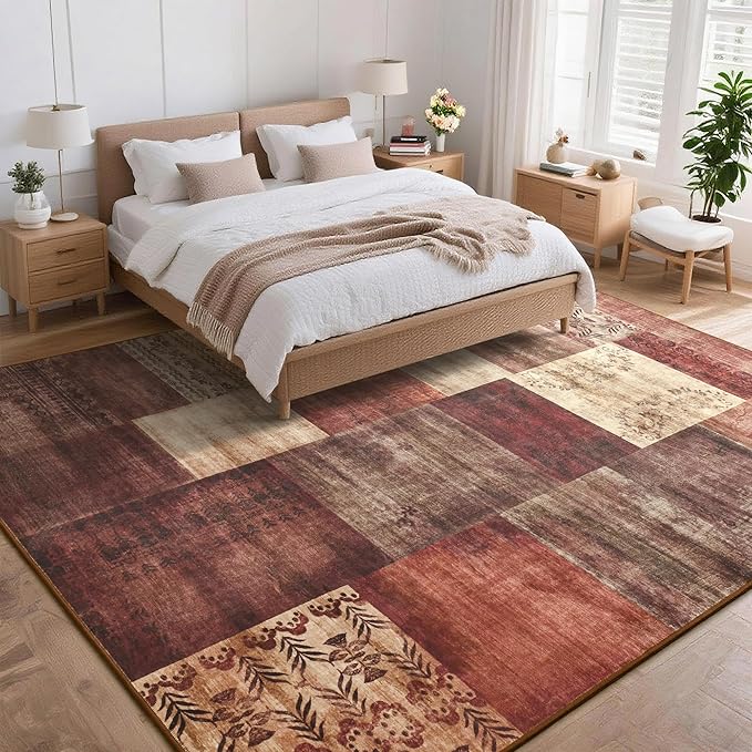 Tepook Modern Area Rug for Living Room, 4x6 Geometric Large Rugs for Bedroom, Washable Patchwork Rug Indoor Non-Slip Throw Carpets for Dining Room Office Farmhouse Home Decor, Red