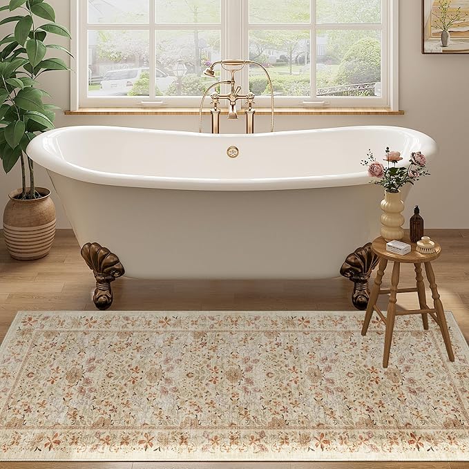 DUKINO 2x5 Washable Runner Rug, Floral Non Slip Bathroom Rugs with Soft Low Pile Design, Lightweight Non-Shedding Carpet Runner for Bathroom, Kitchen, Hallway, Bedroom, Laundry, Beige