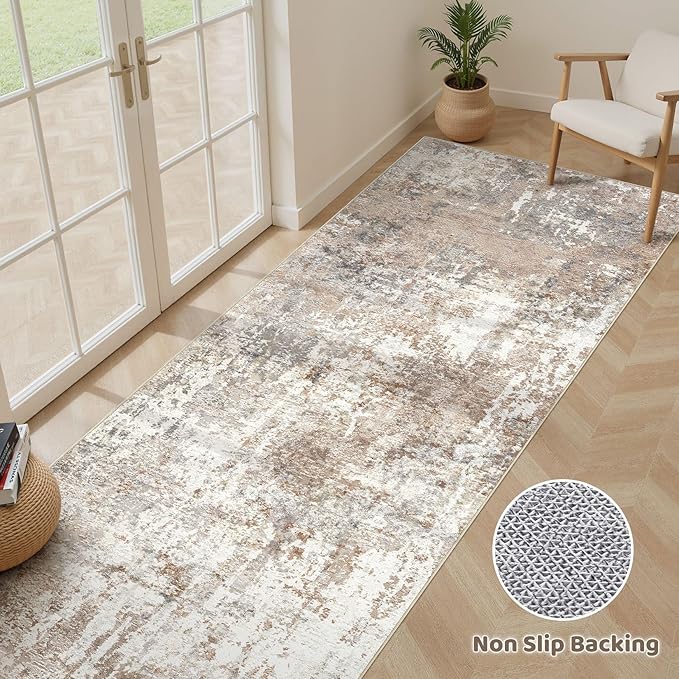 Runner Rug Kitchen Washable Rugs: 2x6 Non-Slip Abstract Soft Modern Stain Resistant Indoor Floor Neutral Accent Throw Carpet for Hallway Bathroom Laundry Room Entryway Bedroom- Brown
