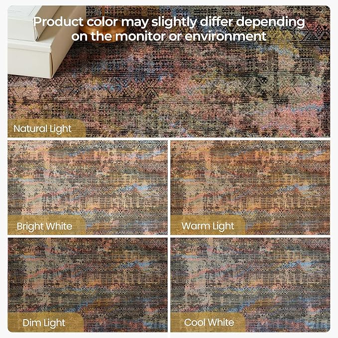 Kokia Abstract Area Rugs 8x10 Bedroom Soft Living Room Rugs Washable Distressed Vintage Comfy Brown Yellow Carpet with Non-Slip Backing for Farmhouse Home Office Room Decor, Oslo Fireworks