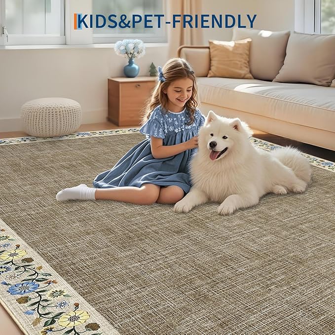 GarveeHome Washable Area Rugs for Bedroom 5x7 Living Room Modern Floral Throw Rugs Non-Slip Lightweight Thin Carpet Modern Farmhouse Print Non-Shedding Soft Low Pile Floor Cover, Dark Camel