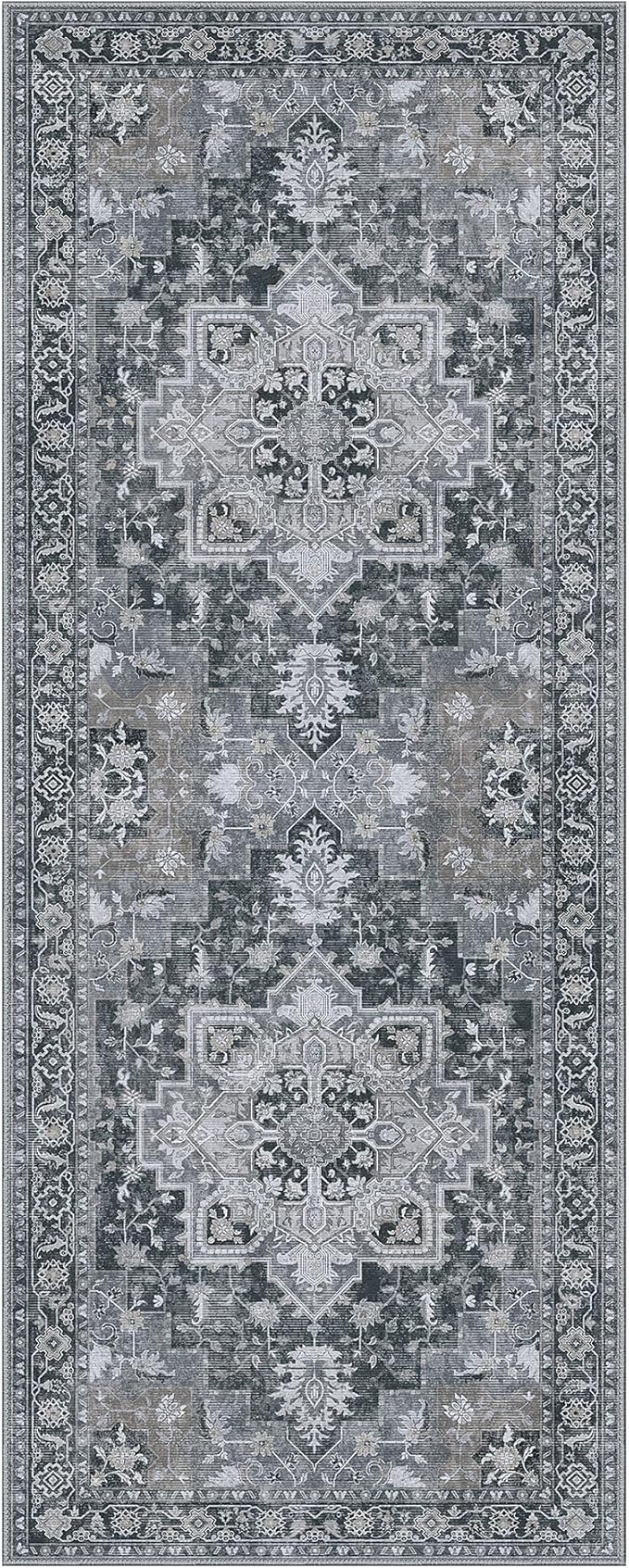 GENIMO 2x5 Runner Rugs for Hallway, Machine Washable Non Slip Vintage Rugs, Low Pile Lightweight Soft Print Rug for enrtyway, Corridor, Home Office, Kitchen,Dark Gray