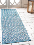 Unique Loom Outdoor Trellis Collection Area Rug - Tribal Trellis (2' x 8' Runner, Teal/ Ivory)