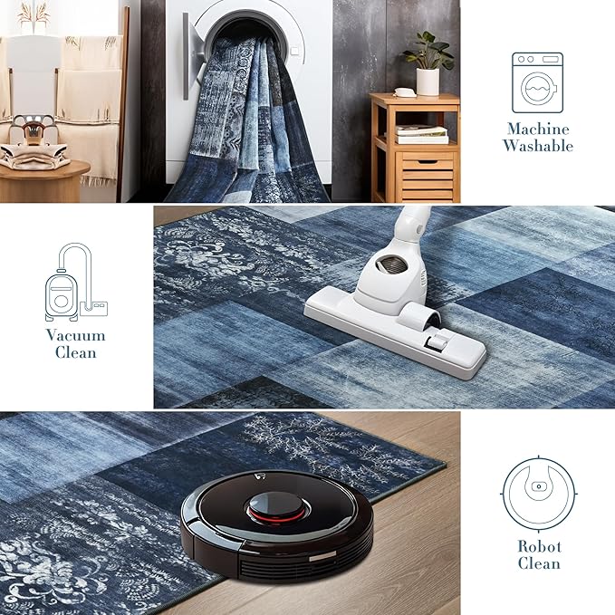 Tepook Modern Area Rug for Living Room, 6x9 Geometric Large Rugs for Bedroom, Washable Patchwork Rug Indoor Non-Slip Throw Carpets for Dining Room Office Farmhouse Home Decor, Blue