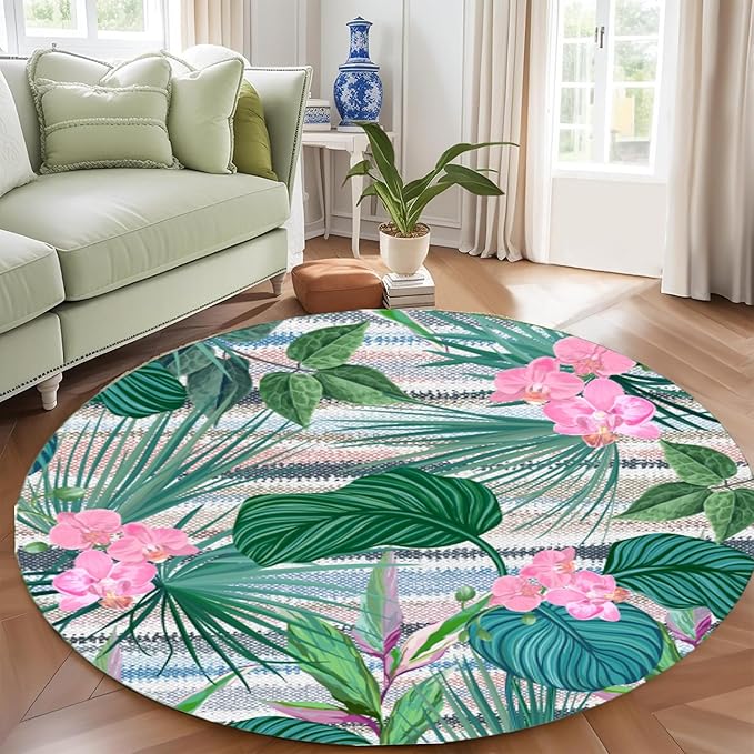 Indoor Outdoor Round Rug 6ft - Blue White Tropical Botanical Pattern, Non-Slip Patio Carpet, Easy-Clean Non-Shedding Rug for Living Room, Kitchen, Garden, Indoor Shower Mat